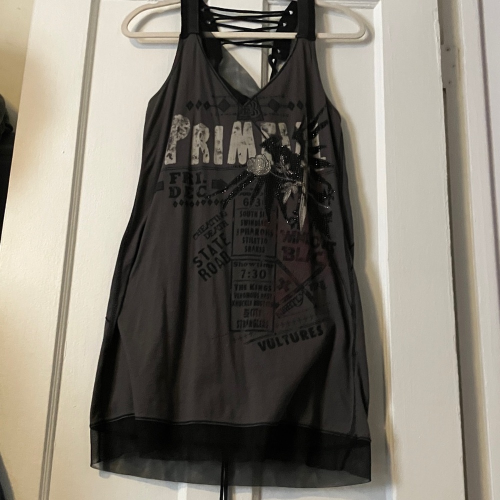 Salvage Black and Gray Asymmetrical Graphic Dress with Embellishment